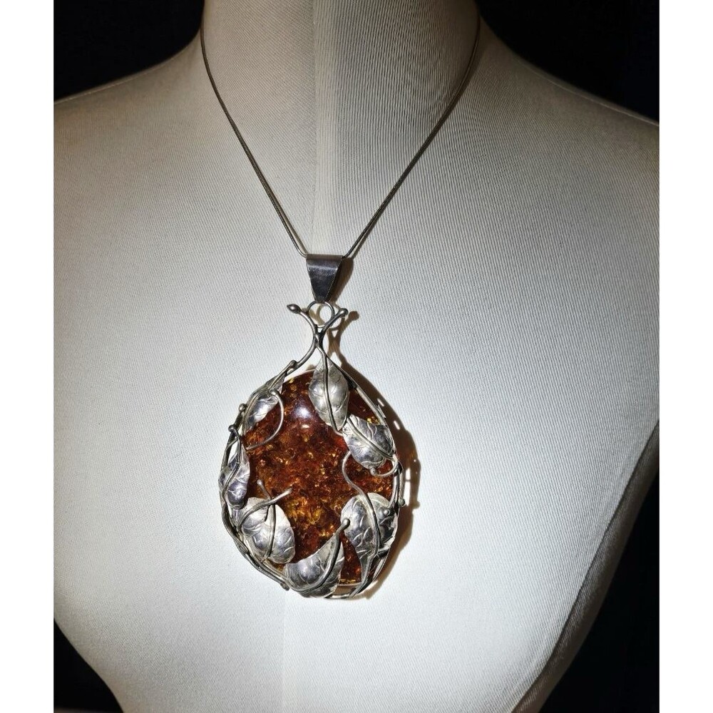 Huge 925 Sterling Silver Amber Pendant Necklace Artisan Leaf Vine 112.36g